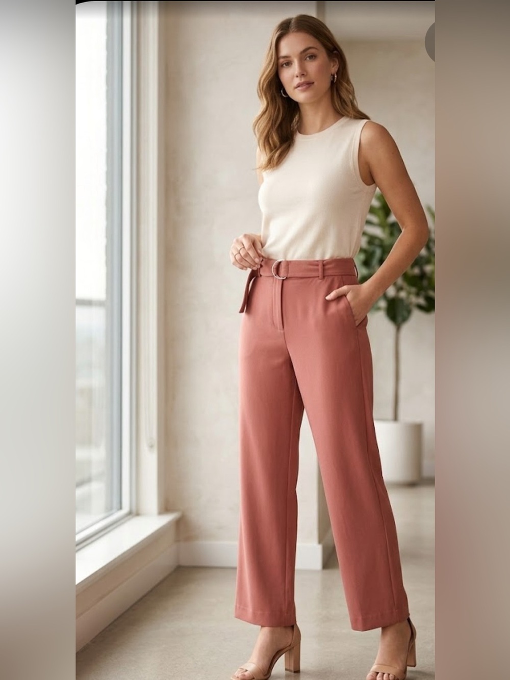 Alfani Rose-Tan Wide Leg Pants with Self Belt
